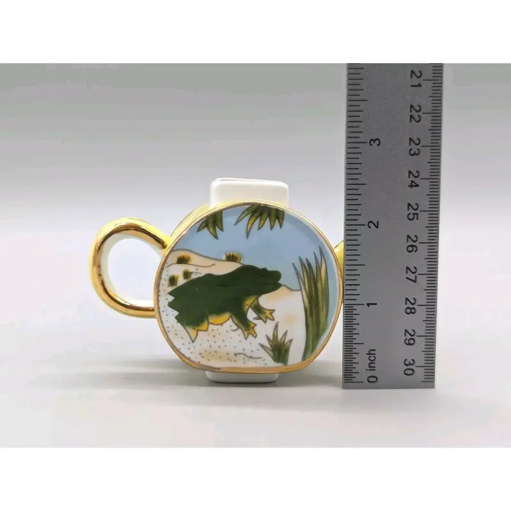 Vivian Chan 2000 Miniature Porcelain Teapot Yellow Green Painted Frog Design